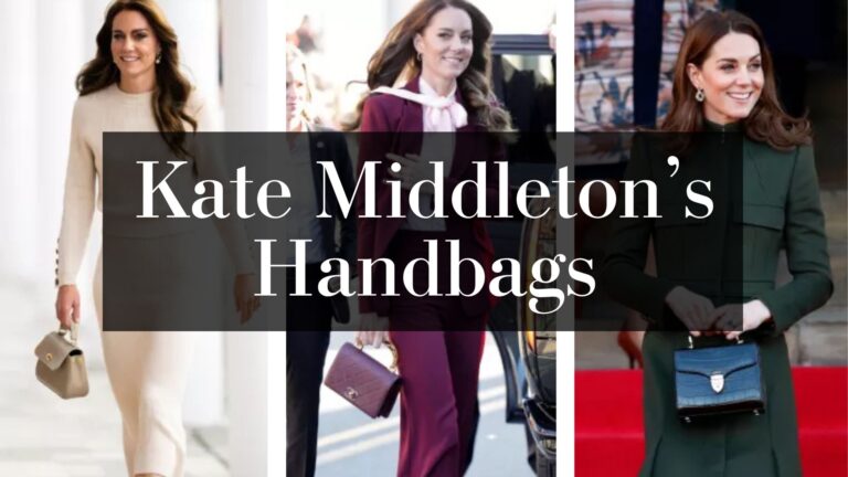 three images of kate middleton's outfit style & luxury handbags she wears with her outfits