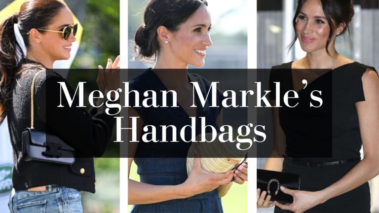 The image features three portraits of Meghan Markle showcasing her handbag collection, each highlighting a different style: a sleek black crossbody bag, a woven clutch in her hands, and an elegant black evening purse. Each handbag complements her outfits, emphasizing her sophisticated fashion sense. The background includes soft green and neutral tones, enhancing the focus on Markle and her accessories.